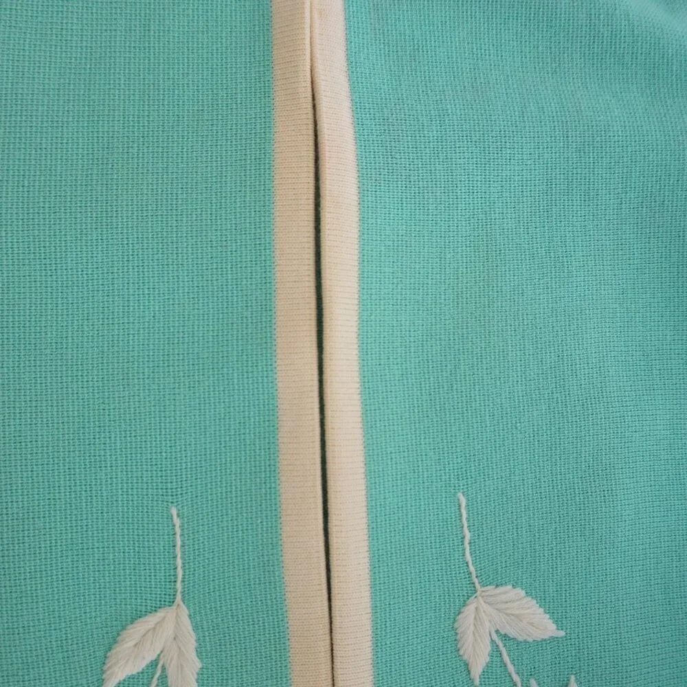 Vintage Teal w White Embroidered Floral Open Front Cardigan Sweater S - Picture 9 of 11